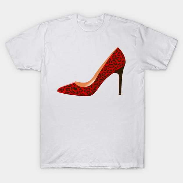 Red Leopard Print High Heel Shoe T-Shirt by DavidASmith